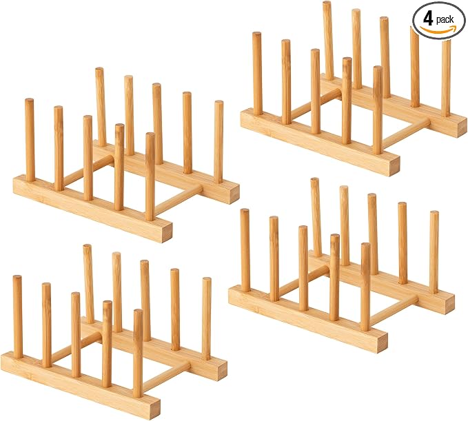 HBlife 4pcs Bamboo Dish Plate Bowl Cup Book Pot Lid Cutting Board Drying Rack Stand Drainer Storage Holder Organizer Kitchen Cabinet（Keep Dry）