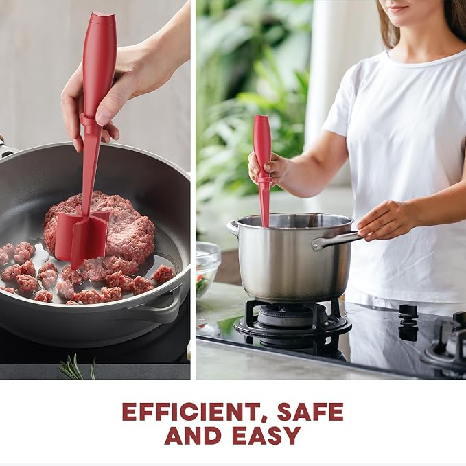 Meat Chopper, Upgrade Hamburger Smasher, Premium Heat Resistant Meat Masher for Ground Beef, Ground Turkey and More, Non Stick Mix Grinder-Red | Heat Resistant, 5 Nylon Blade, Burger Grinder Potato Mix Tool, Meat & Poultry Tenderizers, Dishwasher Safe,...