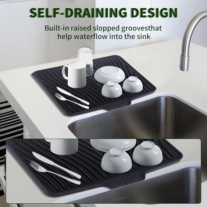 Silicone Dish Drying Mat for Kitchen Counter, 16" x 13" Black-1pcs | Heat Resistant & Non-Slip Dish Drain Pad with Built-In Drain, Quick-Dry, Hangable & Roll-Up for Storage，Multi-Functional Use