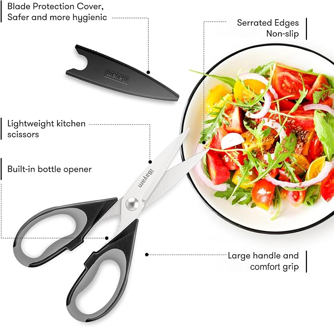 iBayam 8.5" Kitchen Scissors with Sheath, Black Cooking Scissors | All Purpose Shears, Kitchen Gadgets Utensils Set for Home,