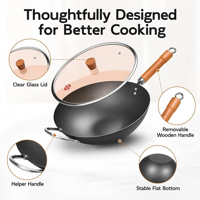 WANGYUANJI 13.4 Inch Carbon Steel Wok Pan with Glass Lid, Flat Bottom Chinese Stir Fry Wok for Induction, Gas and Electric Stoves, Uncoated Iron Wok for Stir Frying, Sautéing and Deep Frying