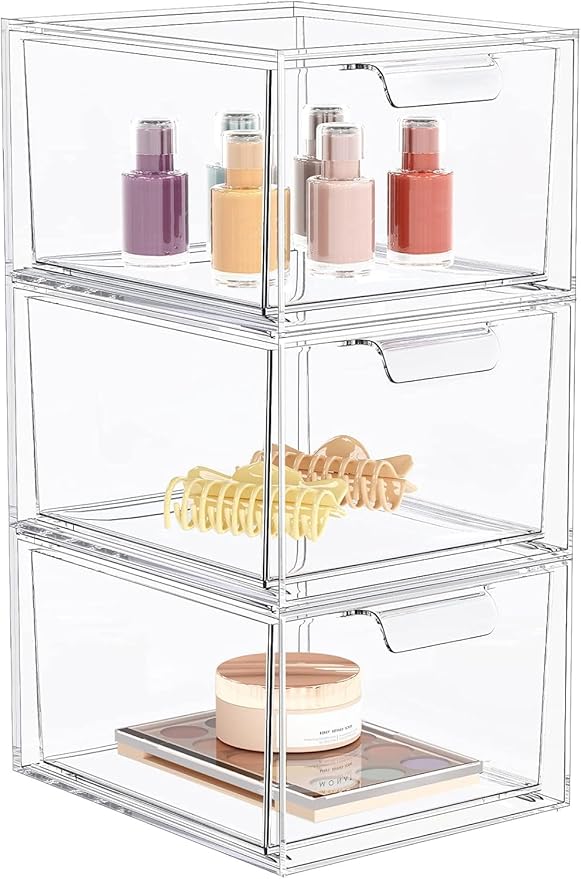 3 Pack Stackable Acrylic Makeup Organizer, Clear Storage Drawers | Clear Plastic Drawer Organizers with Handles for Vanity, Bathroom, Bedroom, Cosmetics, Jewelry and Home Storage