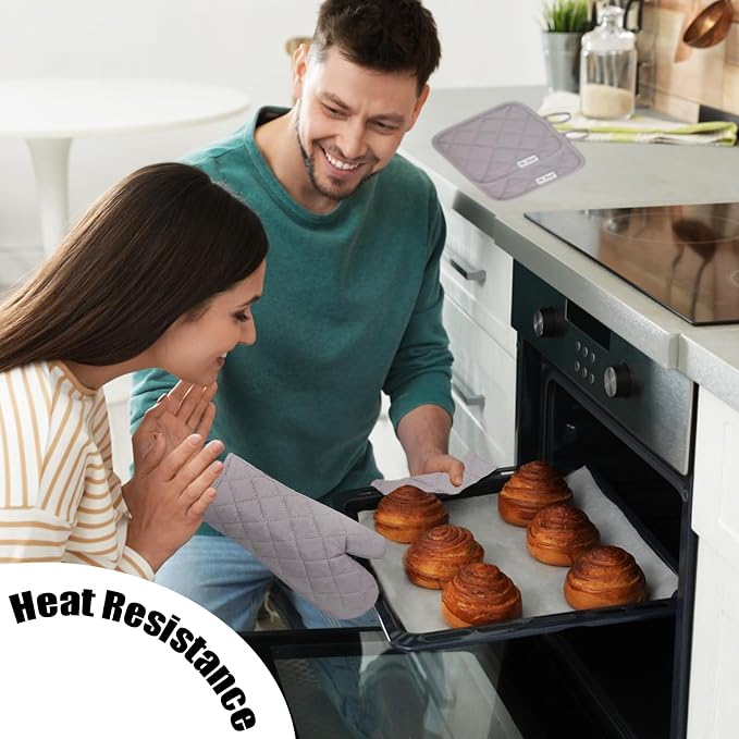 Oven Mitts and Pot Holders Sets,6 Pcs Oven Mitts and Potholders with Recycled Cotton High Heat Resistant Extra Thick Long Oven Mitts for Cooking(Gray)
