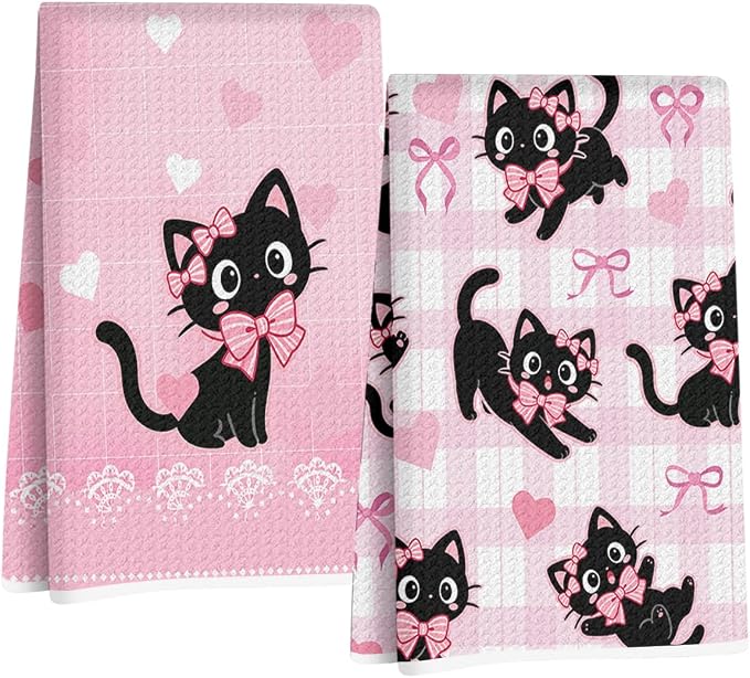 2 Pcs Pink Bow Cat Kitchen Towels 24x14 Inch, Cats Gifts Reuse Hand Towel | Cats Absorbent Waffle Dish Towels for Drying Dishes Kitchen Home Decor, Cat Lover Gifts for Women Mom