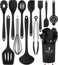 Black Kitchen Utensils Set-12 Pieces Silicone Cooking Utensils Set | Dishwasher Safe 392°F Heat Resistant Spatula Set Kitchen Utensil Set for Nonstick Cookware,Best Kitchen Tools with Holder