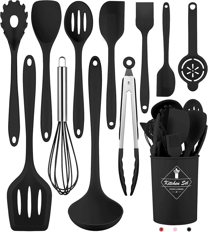 Black Kitchen Utensils Set-12 Pieces Silicone Cooking Utensils Set | Dishwasher Safe 392°F Heat Resistant Spatula Set Kitchen Utensil Set for Nonstick Cookware,Best Kitchen Tools with Holder