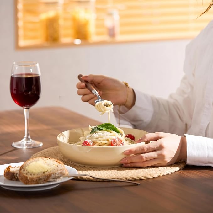 KooK Porcelain Pasta Bowl Set, For Soups and Salads, Serving Bowls, Large Capacity, Microwave & Dishwasher Safe, Set of 4, 40 oz, Ivory