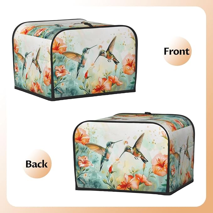 4 Slice Toaster Cover Hummingbird Flower Watercolor Dust Proof Washable Kitchen Appliance Cover with Pocket, Oxford Fabric Countertop Toaster Protector for Standard Toasters Small Appliances
