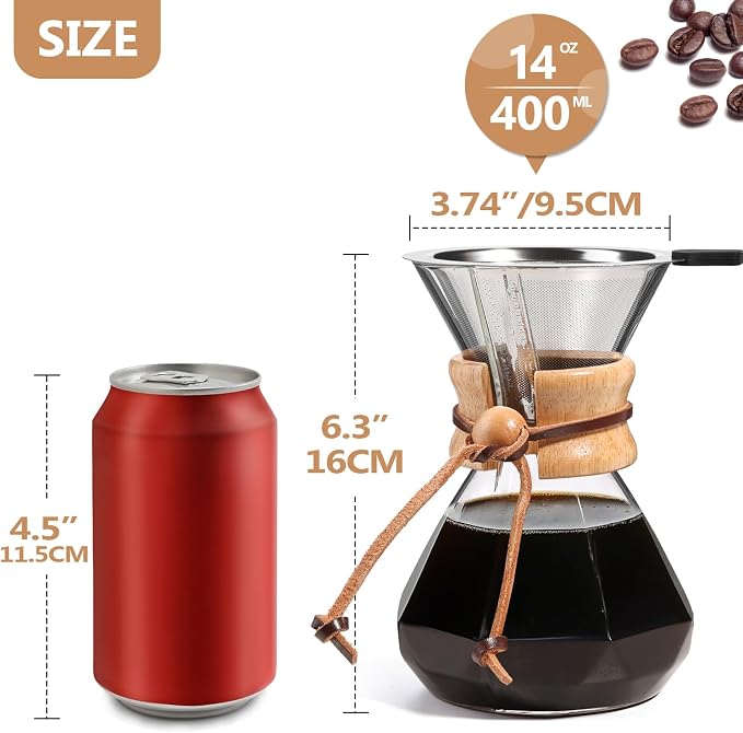 Pour Over Coffee Maker 14 OZ, 4 Cup Borosilicate Glass Drip Coffee Maker with Reusable Stainless Steel Filter and Cork Grip for Home Café 400 ML (Diamond Shape)