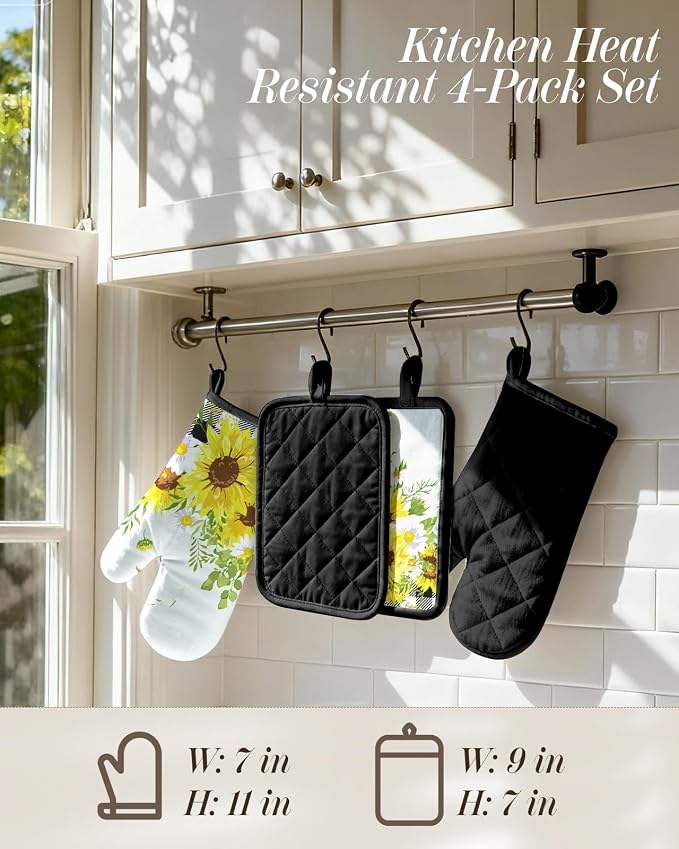 Miss Adola Cotton Oven Mitts and Pot Holders Sets, Sunny Bloom | Heat-resistant up to 350°F, Pure Cotton, Quilted Contact Surface, Stylish Design, with Hanging Loop, Ready to Gift Package