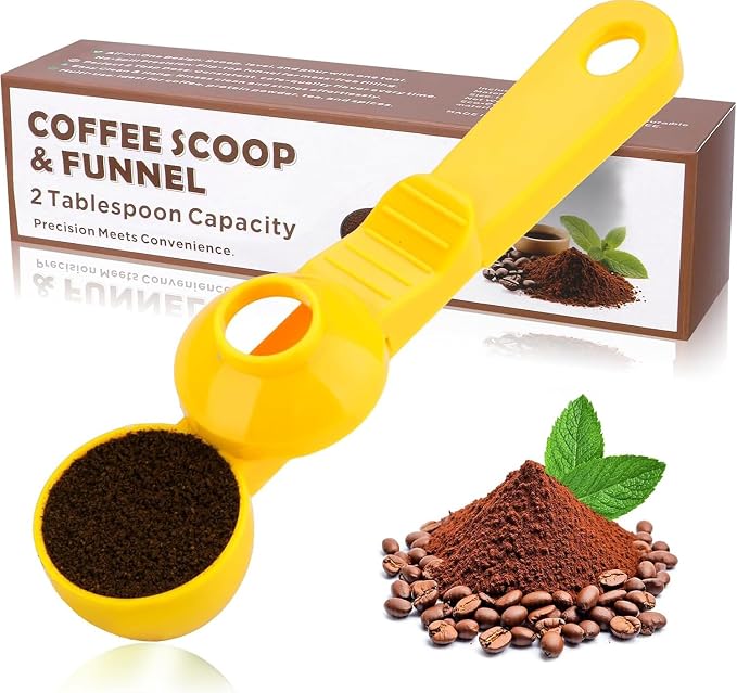 2-in-1 Coffee Scoop with Funnel, 2 Tbsp Measuring Spoon for Reusable K Cups, Ground Coffee, Protein Powder & Tea, Mess-Free Plastic Design（Yellow-1pack）