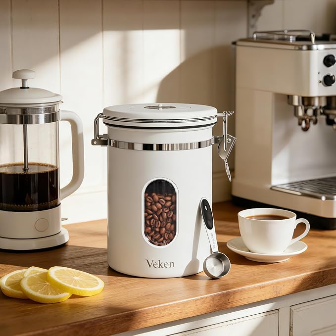 Veken Coffee Canister with Window, Airtight Stainless Steel Container, 22OZ | Date Tracker,Kitchen Food Storage Organizers for Beans, Ground, Espresso, Rice,Tea, Sugar,Cereal, Gifts,Lids,Jars,Scoop,White