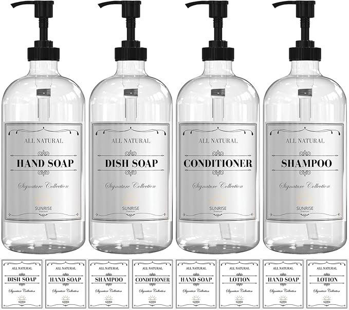 Clear Glass Soap Dispenser with Pump, 16 oz | Clear Glass, Soap Dispenser Pump, Bathroom and Kitchen Sink use,12 Waterproof Labels (pack of 4)