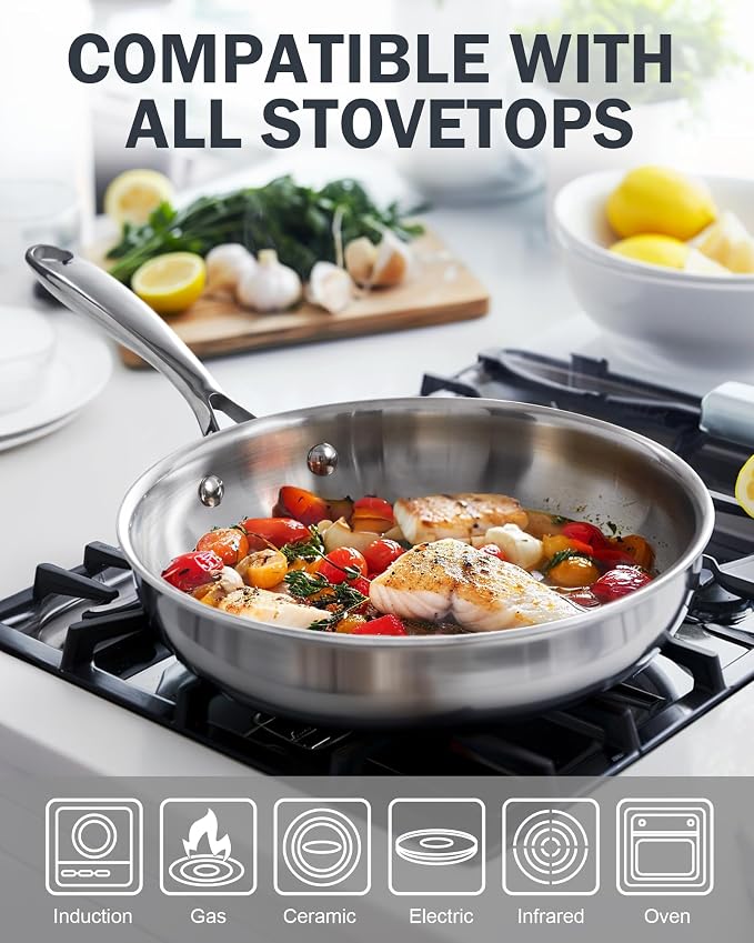 Cooks Standard Multi-Ply Clad 8-Inch Stainless Steel Frying Pan with Glass Lid, Egg Omelet Pan & Small Wok Stir Fry Pan Skillet, Stay-Cool Handle, Induction Compatible Cookware, Dishwasher Oven Safe