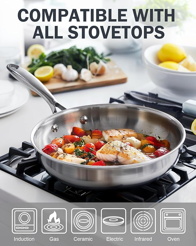 Cooks Standard Multi-Ply Clad 12-Inch Stainless Steel Frying Pan with Glass Lid, Everyday Wok Stir Fry Pan Kitchen Skillet, Stay-Cool Handle, Induction Compatible Cookware, Dishwasher Oven Safe