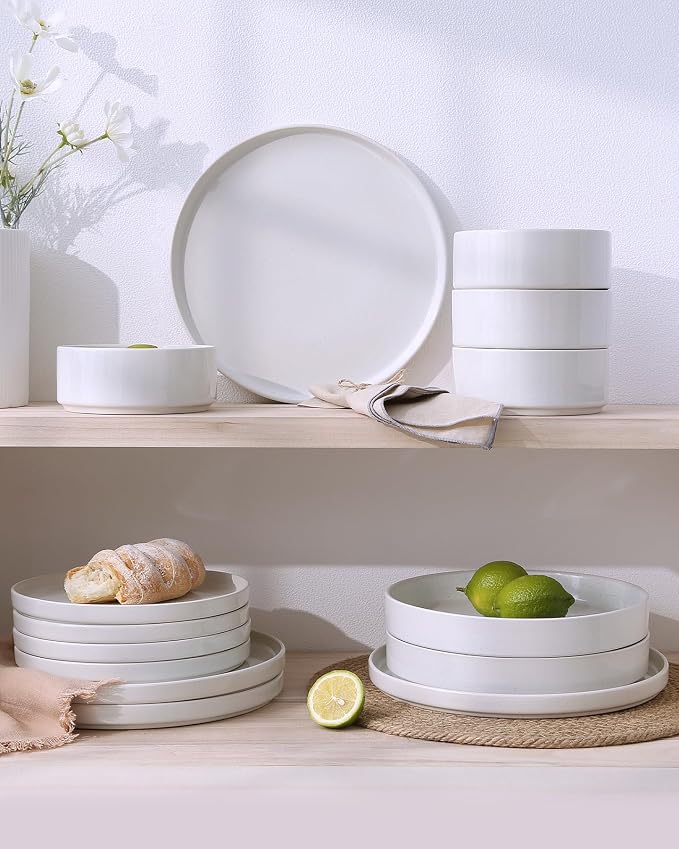 Famiware Nebula 16-Piece Dinnerware Set with Pasta Bowls, White | Stoneware Plates and Bowls, Service for 4 - Chip & Scratch Resistant, Microwave & Dishwasher Safe