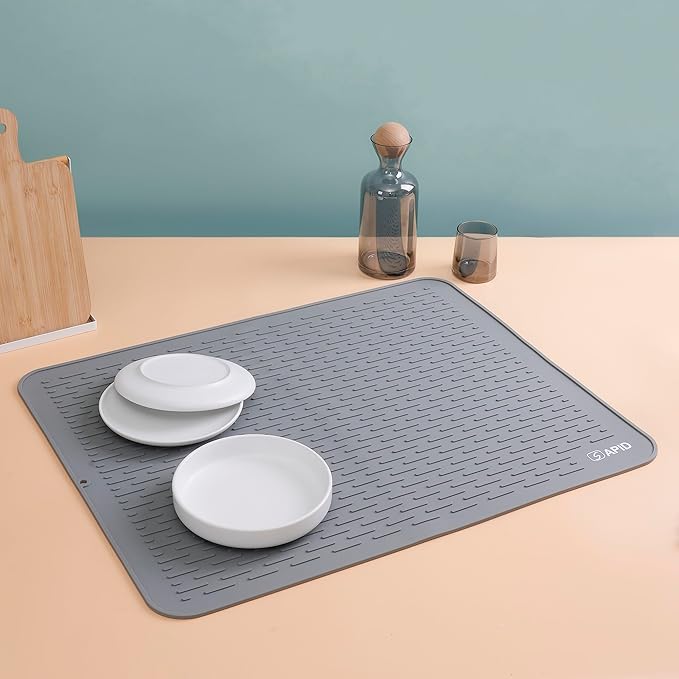 Extra Large 30x24 Inch Silicone Dish Drying Mat for Rack & Kitchen Counter | Easy Clean Silicone Drying Mat for Kitchen Counter , Non-Slip Dish Drain Mat , Heat Resistant Silicon Dish Mat , Gray , SAPID