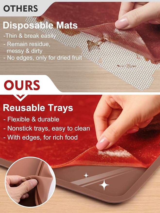 Aulock 4PCS Silicone Food Dehydrator Sheets with Edge, Non-stick Tray Liner | Compatible with Cosori 12" x 11" Trays , High Temperature Resistance & Reusable Square Dryer Mats