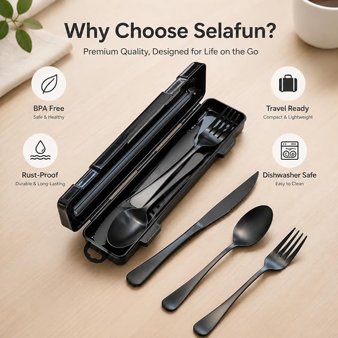 4-pieces Travel Set with Case Portable Silverware Utensils Set for work, Stainless Steel Reusable Flatware Set Cutlery Set for Camping Picnic Hiking Office (4, matte black)