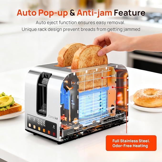 Consciot Smart Touch Screen 2 Slice Toasters with 6 Browning Levels, Timer | Reheat/Defrost/Cancel, Extra-Wide Slots, Removable Crumb Tray, Auto Pop-up & Anti Jam, Peak 925W, Full Stainless Steel Body