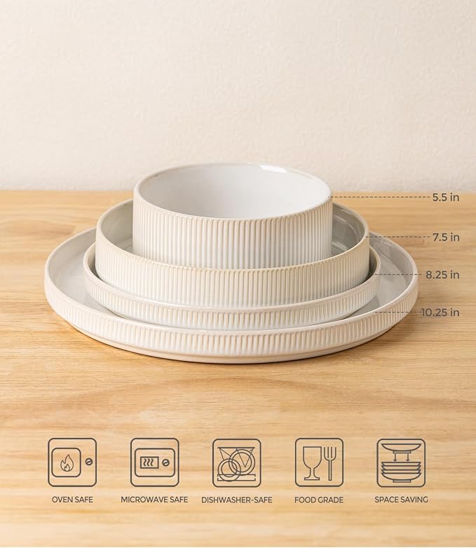 Ceramic Dinnerware Set for 4, 16-Piece Plates and Bowls Set | Lightweight Porcelain Dish Set, Scratch Resistant, Oven & Microwave & Dishwasher Safe, Reactive White