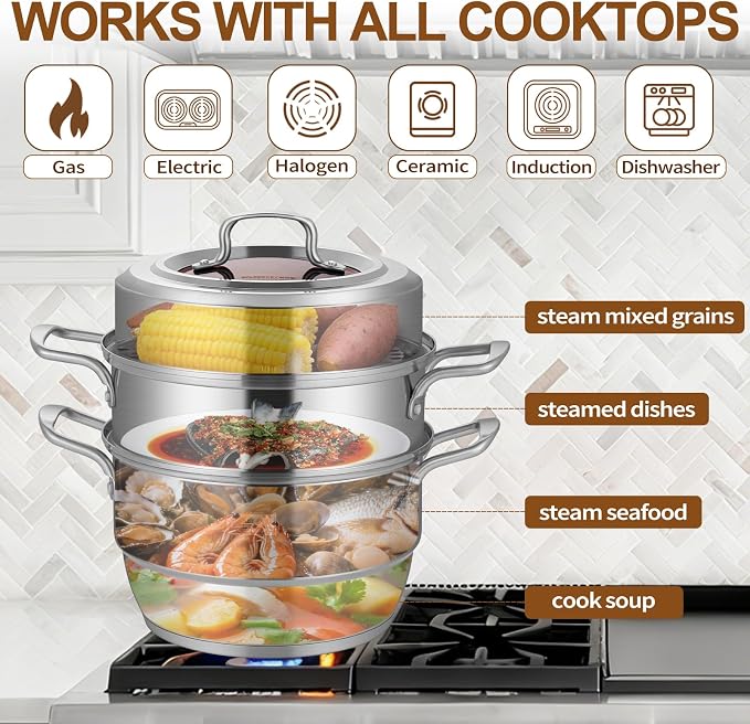 GOLDEN KEY 7.4 QT Steamer for Cooking, 2-Tier Multipurpose 18/8 Stainless Steel Steamer Pot with Lid for Vegetable, Seafood, Rice, Dumplings, Works with Gas Electric Induction Stove