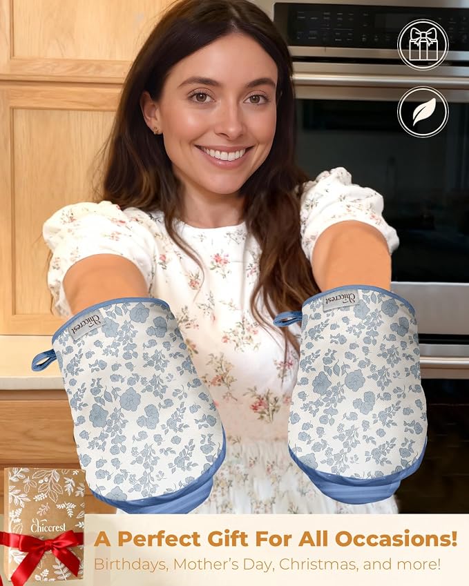 100% Thick Cotton Mini Oven Mitts Silicone Grip Blue Fresh Floral | Girly Cute Oven Mitts for Women, Machine Washable, Non-Slip, Reversible Design Fits Both Hands, Stylish Kitchen Decor