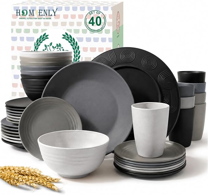 40 PCS Kitchen Plates and Bowls Sets for 8 Wheat Straw Dinnerware Sets Microwave and Dishwasher Safe Camping Dish Set Plate Set, Kids, Reusable, Unbreakable, Lightweight-BlackGrey