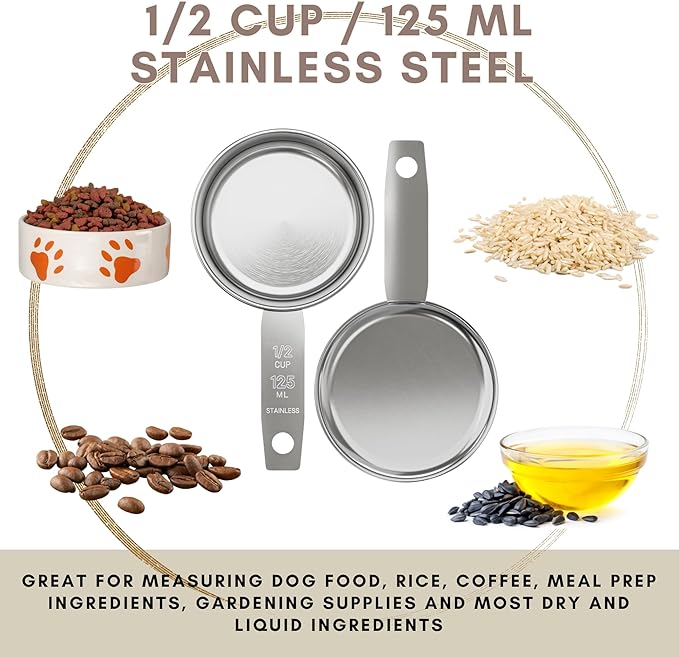 1/2 Cup Stainless Steel Measuring Cup | Sturdy Metal 125 ml | 125 cc | 4 oz | Single Cup for Wet and Dry Ingredients | Great for use as 1/2 Cup Dog Food Scoop - 4 PK