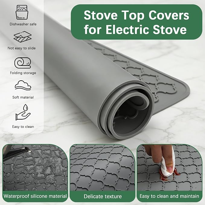 Stove Top Cover for Electric Stove - Silicone Stove Mat for Glass Top | Silicone XXL Glass Cooktop Covers, Flat RV Range top Mats Grey, 27.5"X20"