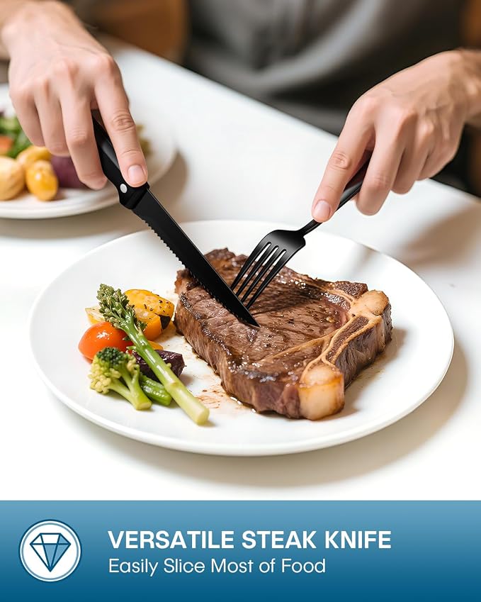 Stapava 24 Pcs Black Silverware Set with Steak Knives, Food-Grade Stainless Steel Flatware Set for 4 Mirror Polished Cutlery Utensil Sets Include Forks Spoons and Knives Set Dishwasher Safe