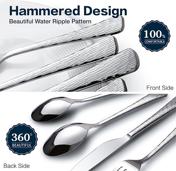 Silverware Set for 4, 20 Piece Flatware Set, 18/10 Stainless Steel | Hammered Mirror Polished Ripple Handles, Dishwasher Safe, Rust Resistant, for Home Kitchen, Wedding, Party, Housewarming Gift