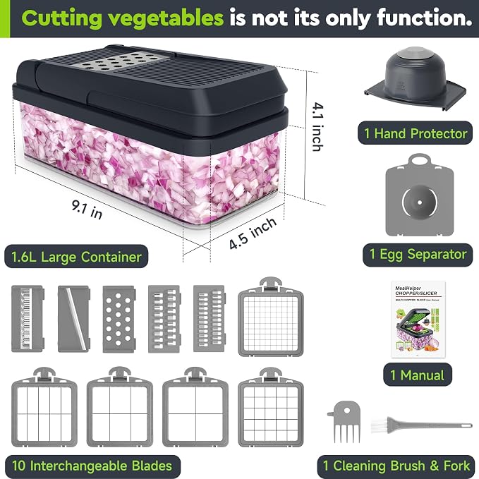 MealHelper 15-in-1 Vegetable Chopper, Food Veggie Chopper With Container | Kitchen Prep Tool, Cheese Grater, Home Essentials & Kitchen Gadgets, with Sharp Stainless Steel Blades(10 Blades, Gray)