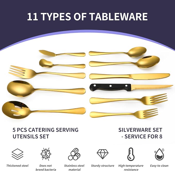 Lazycorner 53 Piece Gold Silverware Set for 8, Flatware Set with Steak Knives for 8 and 5 Public Serving Use Set 18/10 Stainless Steel Utensils Set Cutlery Set For Restaurant Hotel Dishwasher Safe