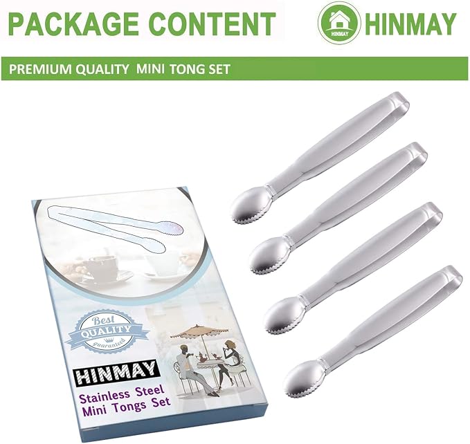 HINMAY 5" Mini Serving Tongs Tiny Stainless Steel Small Tongs, Set of 4 | Metal Tongs for Appetizers, Tea Party, Coffee Bar, Desserts