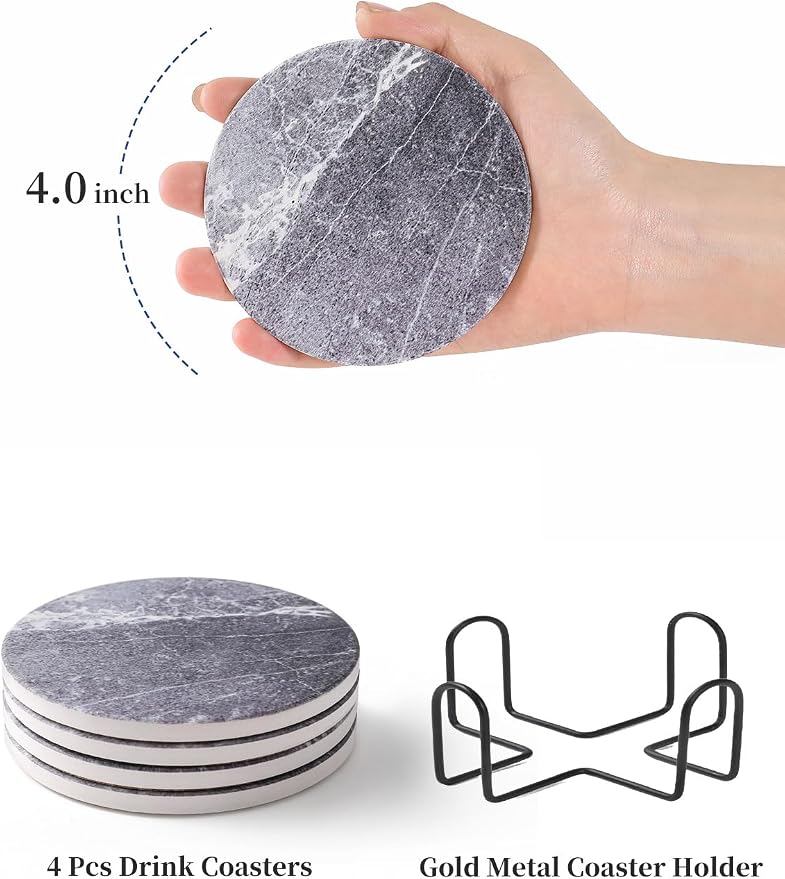 LIFVER Drinks Coasters Set of 4, Living Room Decor, Ceramic Absorbent Coasters with Cork Base, Protect Wooden Table or Furniture from Scratched, Drink Coasters with Holder - Grey