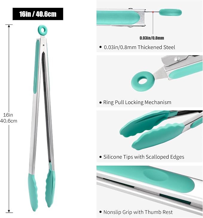 Doosu Kitchen Tongs with Silicone Tips for Cooking Serving (16in, Aqua Sky) | 600°F Heat Resistant Food Tong, Heavy Duty Stainless Steel Locking Tong for BBQ, Grilling Steak, Salad, Toast, Pasta