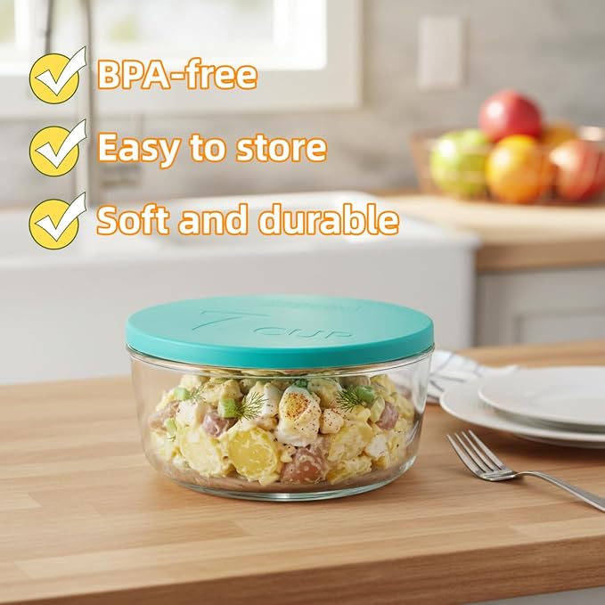 Yodecy 7Cup Silicone Bowl Lids fit Pyrex Glass Bowls 7402-PC 7 Cup, Yodecy Silicone Bowl Lids fit Anchor Hocking Glass Bowls 7402-PC 7 Cup,Replacement Lid 7.28in(2 Pack Blue-Green)