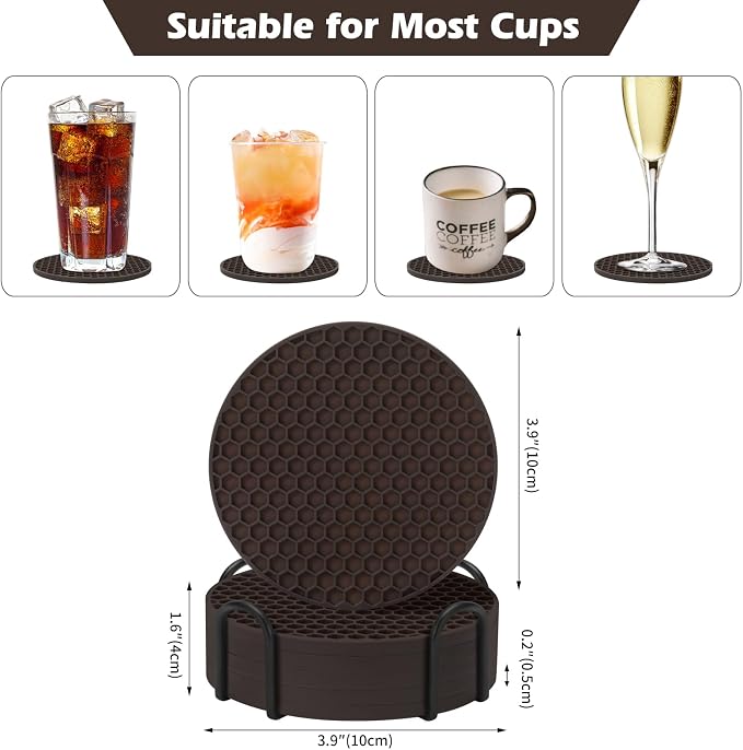 TWTLi Silicone Coasters Set of 6 with Holder — Non-Slip Drink Coasters for Coffee Table, Home Bar & Kitchen, Protects Wood & Marble Surfaces from Water Rings, Dishwasher Safe (Coffee)