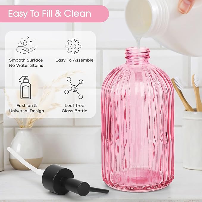 Topsky Stripe Glass Soap Dispenser with Black Plastic Pump, 400ml Liquid Hand Soap Dispenser, Rustproof Pump for Kitchen & Bathroom, Great for Lotions, Essential Oil, Liquid Soaps-Pink