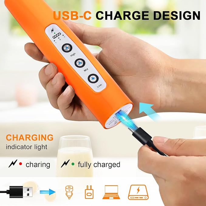 YUSWKO Fluorescence Orange Handheld Milk Frother Wand for Coffee, Rechargeable Electric Whisk with 3 Heads 3 Speeds Drink Mixer Coffee Frother For Latte, Cappuccino, Hot Chocolate, Egg | Drink Mixer Wand Coffee Frother Handheld With 3 Heads 3 Speeds Fo...