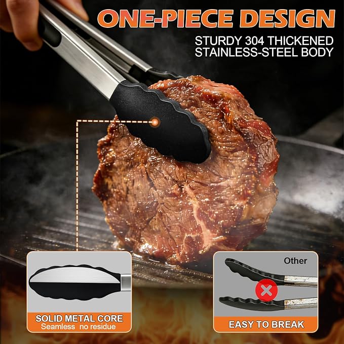 Stainless Steel Kitchen Tongs with Silicone Tips, Locking Grilling Food Tongs, 7" 9" and 12", Set of 3 Black
