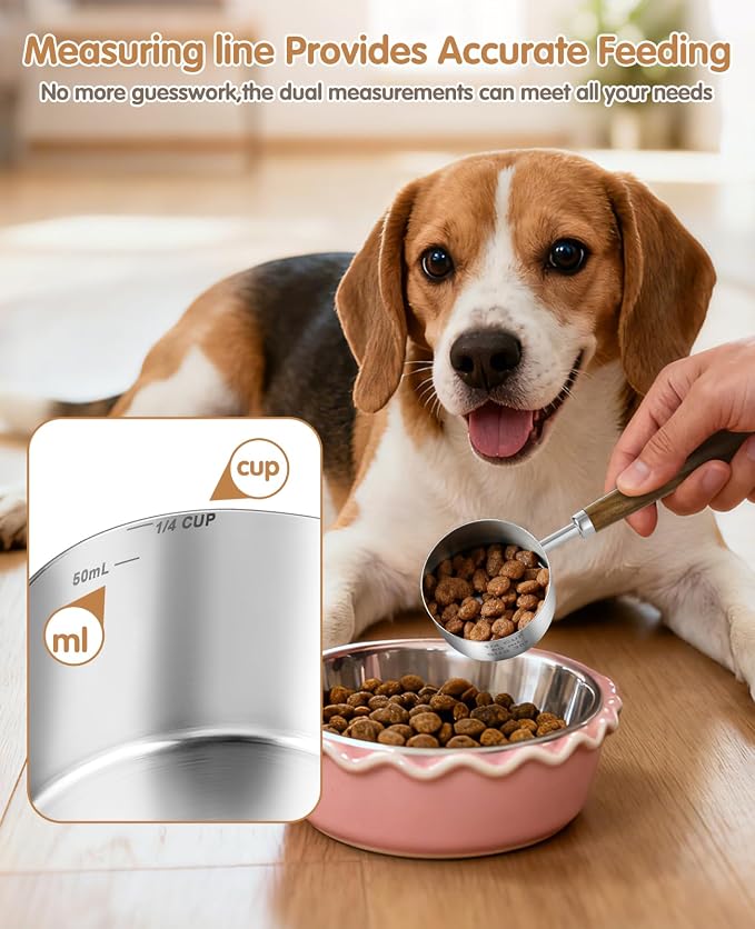 Stainless Steel Dog Food Scoop, Dog Food Measuring Cup With Measuring Lines (Cup/ML) & Long Wooden Handle, Metal Pet Food Scoop For Dogs, Cats and Kitchen Use, Dishwasher Safe (1/4 CUP)