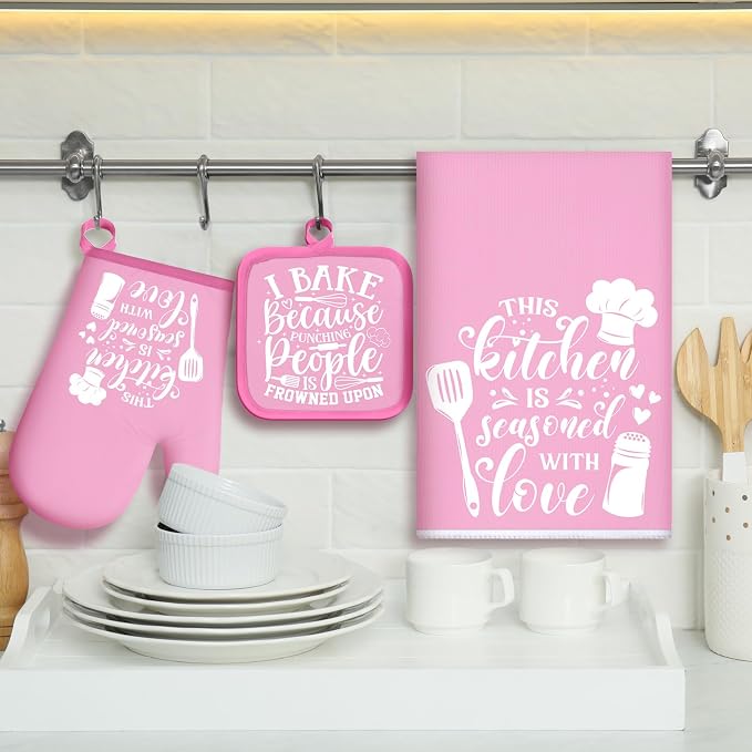 Sratte 6 Pcs Kitchen Decor Accessories Set, Kitchen, Light Pink | Farmhouse Kitchen Towels Pot Holders Oven Mitts Set 2 Dish Towels 2 Potholders 2 Cooking Mittens for Baking Cooking Supply
