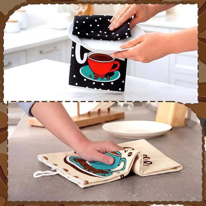 4 Pcs Coffe Kitchen Towels, Retro Coffee Cup Hand Tea Towels Gift | Fast Drying Dishcloth Housewarming Gift for Cooking Kitchen Bathroom Home Party Coffee Bar Decor