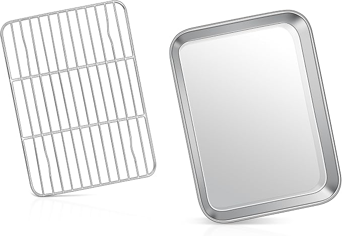 9” Baking Sheet Pan with Rack, Joyfair Stainless Steel Toaster Oven Tray | Bakeware Cookie Pan & Cooling Rack for kitchen bake Jelly Roll/Bacon/Meat, Commercial Metal & Rust-free, Dishwasher Safe