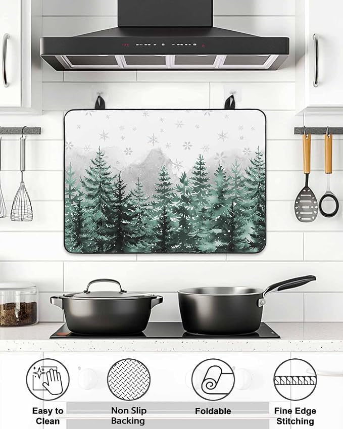 Stove Top Covers for Electric Stove 31x24 Inches, Forest Christmas Tree HeatResistant Glass Cooktop Protector, Green Xmas Snowflake Misty Winter Ceramic Stovetop Countertop Covers Mat, Oven Cover