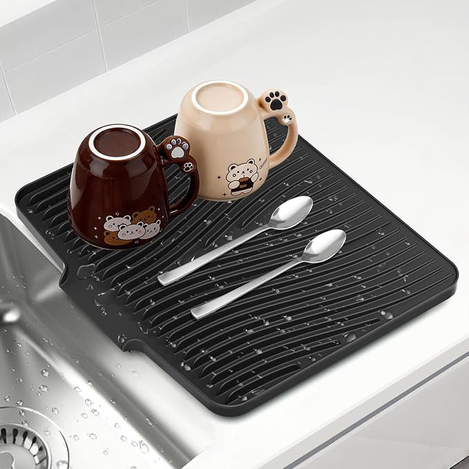 Silicone Dish Drying Mat for Kitchen counter | 15.8"x13" Dish Drainer Mat,Heat-Resistant Kitchen Counter Mat & Over-Sink Drying Tray,Can Be Hung,Black