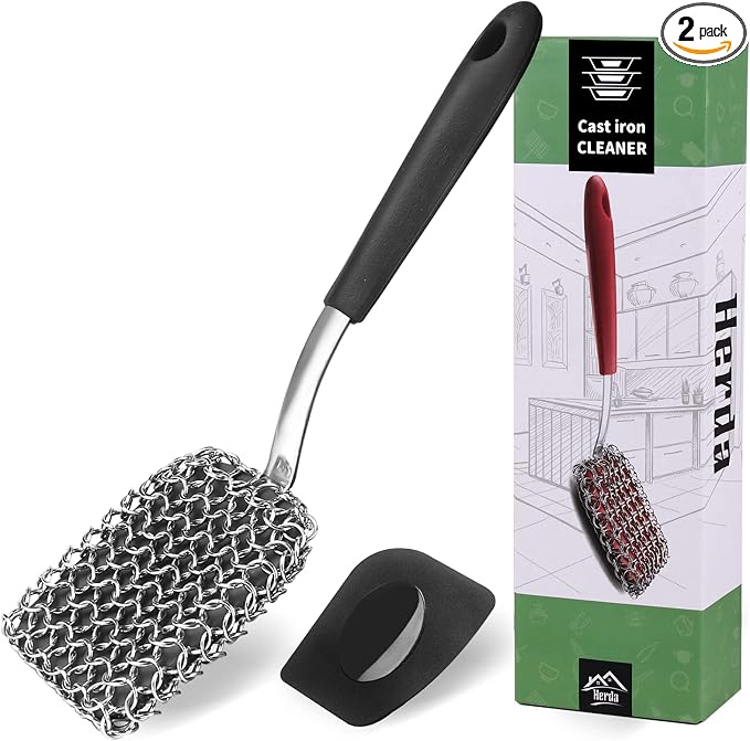 Cast Iron Scrubber Brush with Handle Cast Iron Cleaner Chainmail Scrubber + Pan Scraper, 316 Chain Maille to Clean Pan Pot Skillet Grill Griddle Metal Scrub Wok Scrub Carbon Dutch Oven Carbon Cleaning