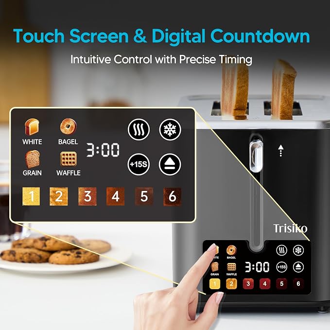 Trisiko® Touch Screen Toaster 2 Slice, 900W Digital Toaster with Countdown Timer, 1.38 in Wide Slots, 6 Browning Levels, Bagel, Defrost, Reheat, Cancel, Crumb Tray, Cord Wrap-Black